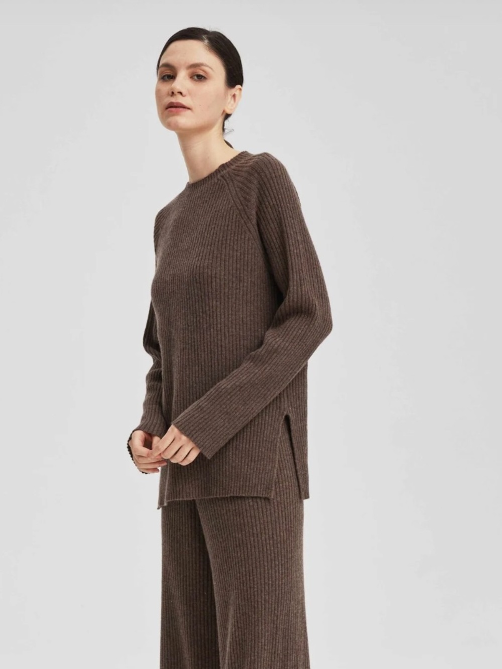 NAP Loungewear 100% Cashmere Rib Knit Crew Neck Brown Sweater, Size Medium